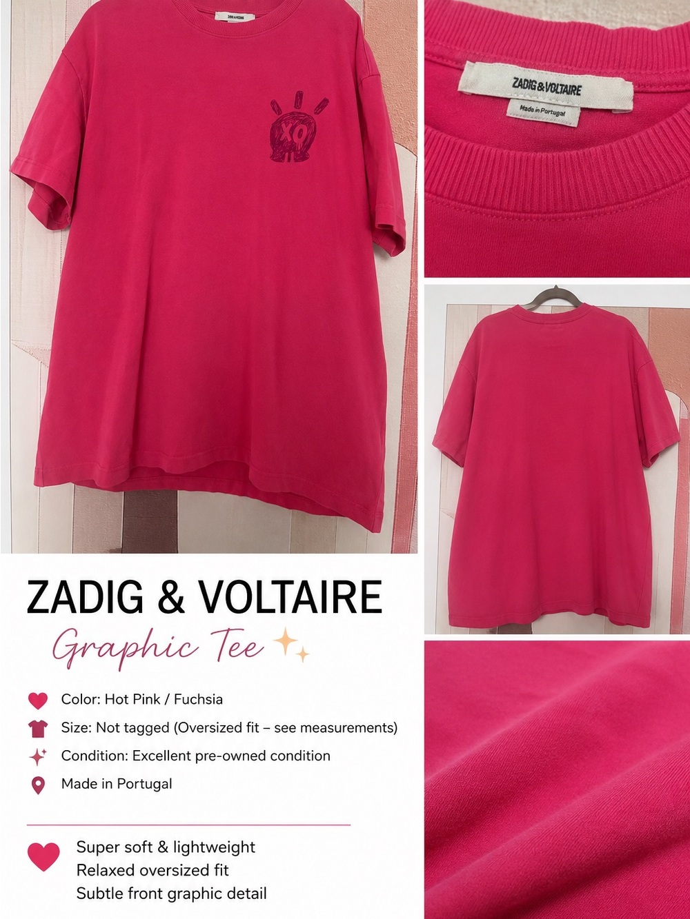 Zadig & Voltaire Hot Pink Ribbed-Neck Tee